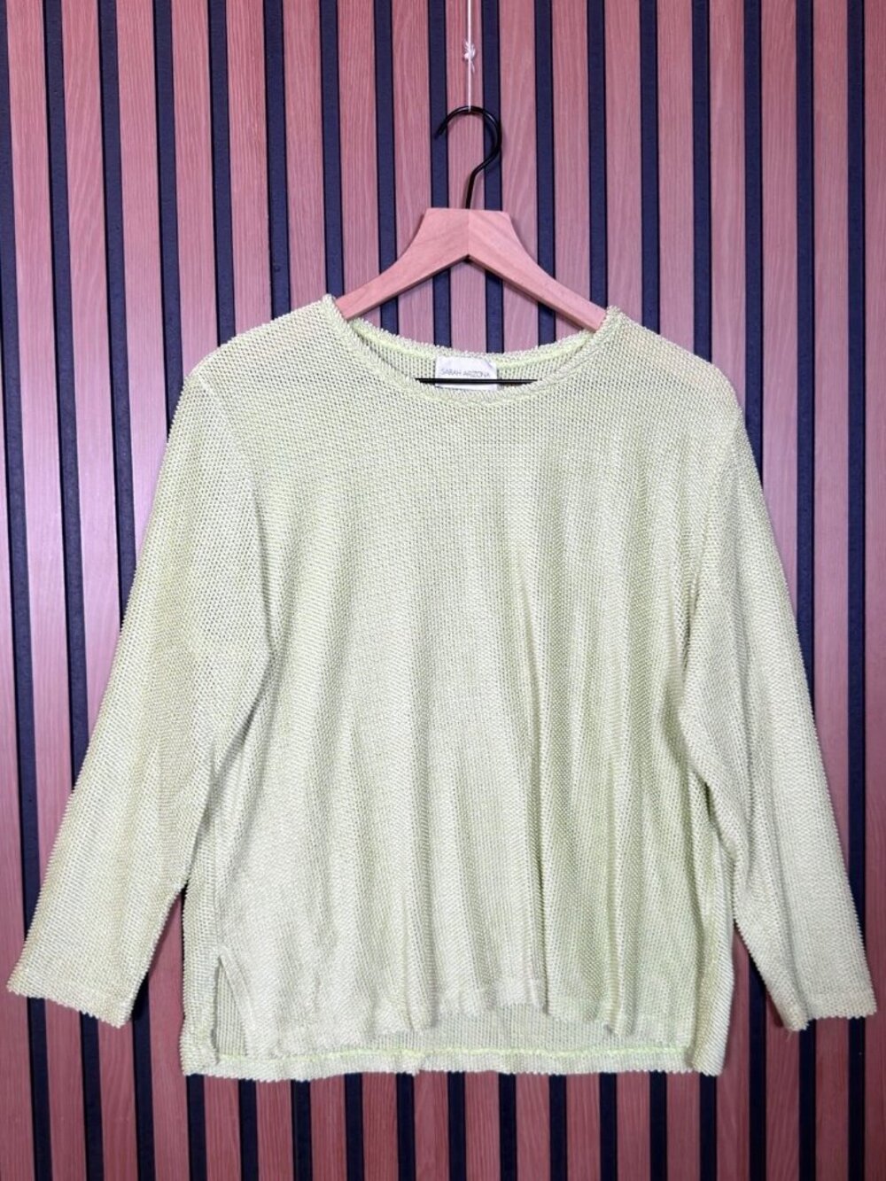 Sarah Arizona Top L / XL Womens Green Sheer Knit Slit Long Sleeve